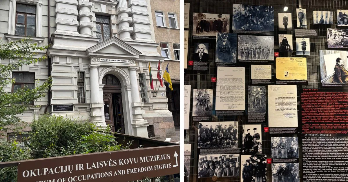 Building Entrance to KGB Museum with signage and a second image of display of photographs from inside the museum