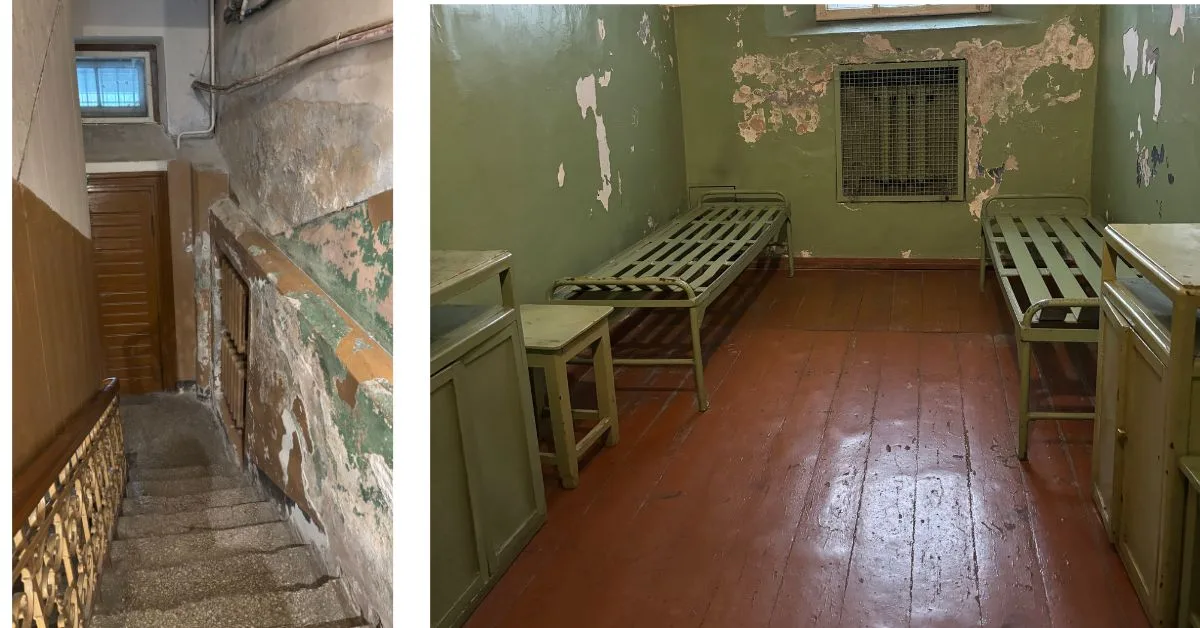 Steps leading down to KGB prison and image of a cell with two iron beds