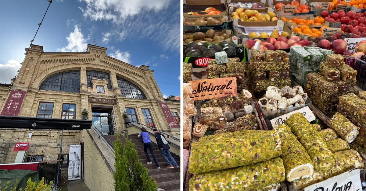 Front of Hales Market and inside a stall showing nuts, nougat and fruit