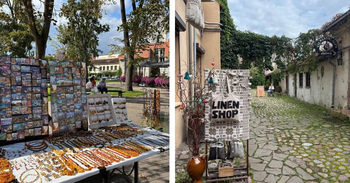 Outdoor stalls set up with amber jewellery for sale and second image of a sign saying linen shop down a cobbled side street