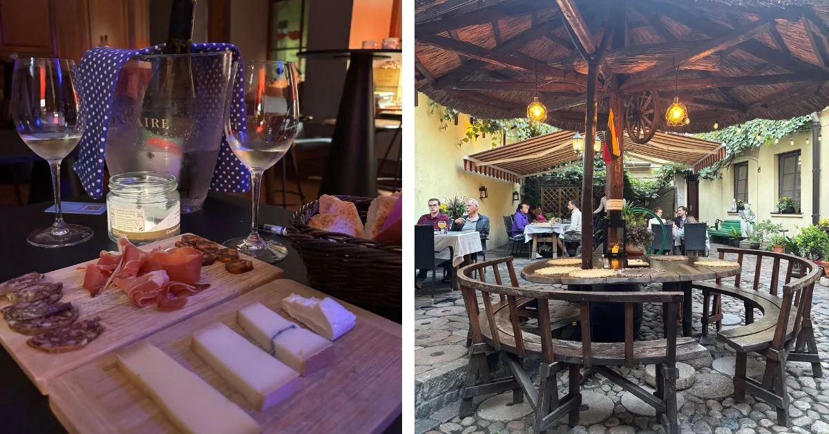 Cheese and meat boards with wine and a courtyard eating area