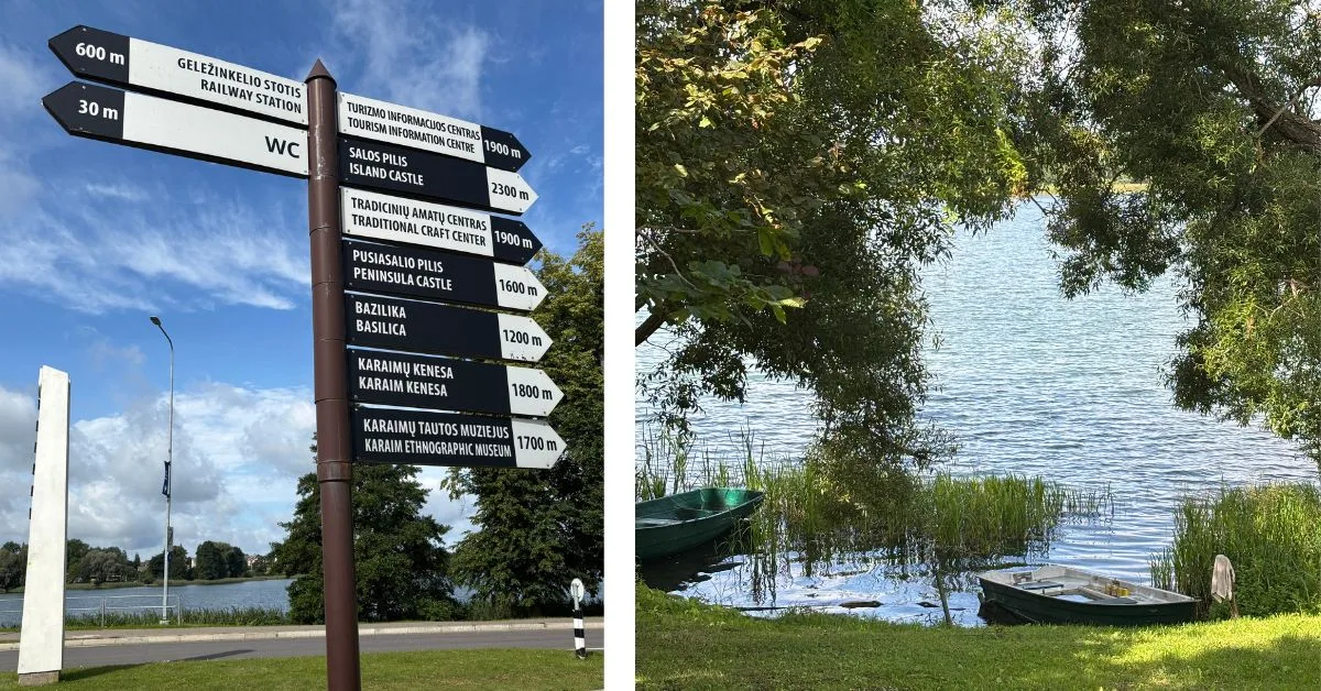 Signage showing distances to places around Trakai and image of a boat by the lake