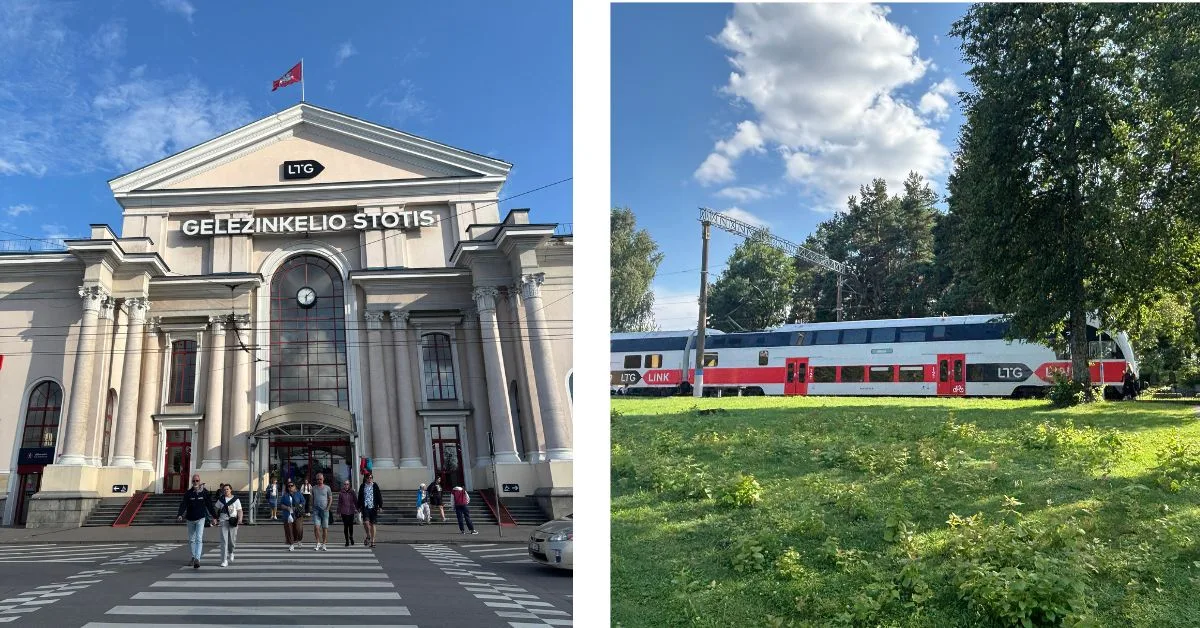 Entrance to train station and second image of train pulled up in the station