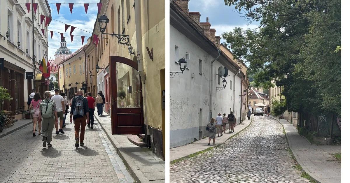 People walking along cobbled streets in the old town