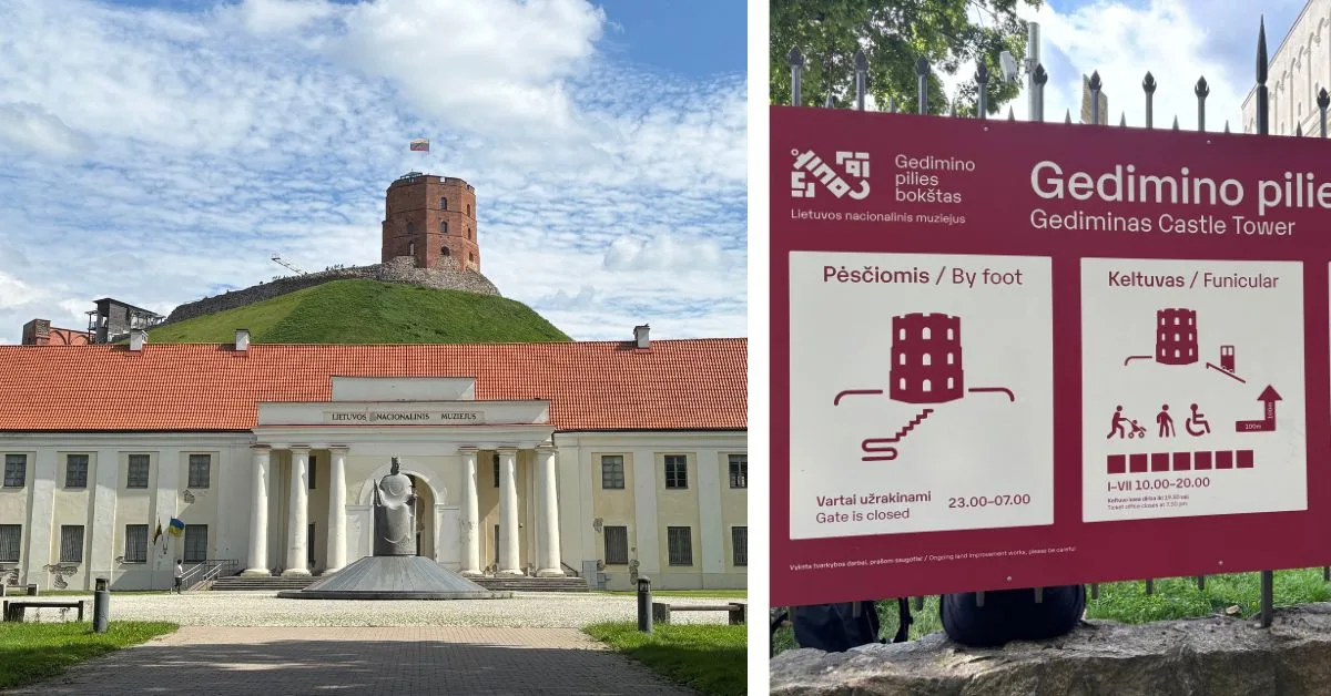 Gediminas Tower on the hill with a museum in front. Signage shows how to get up to the tower