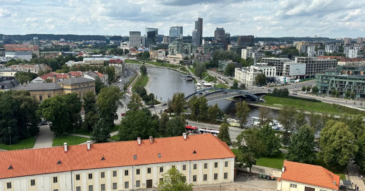 Panoramic View of the city showing the old town red roof tops and modern Vilnius