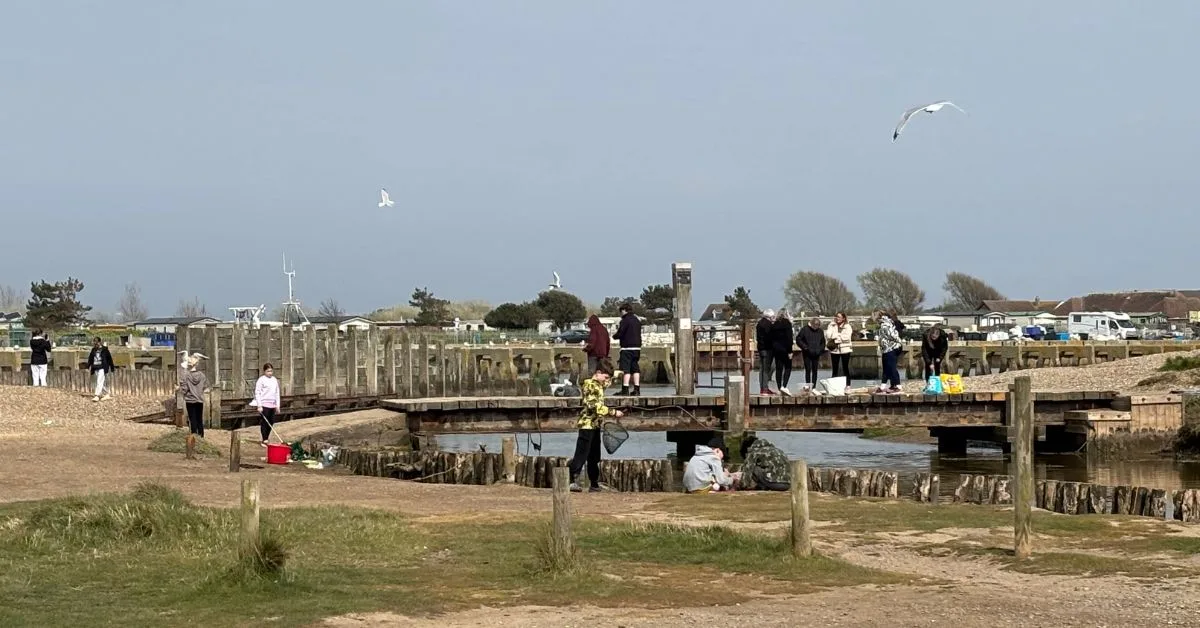 People standing on a wooden bridge with crabbing nets