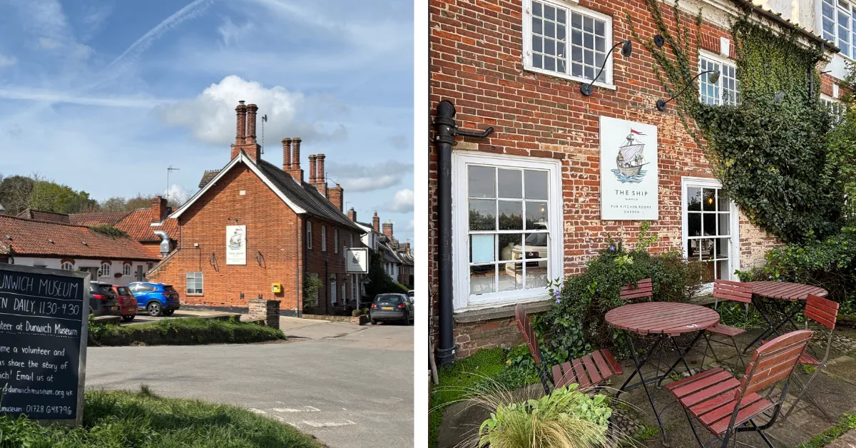 Outside of the Ship Inn - red brick building with car park. Table and four chairs outside. Sunny day
