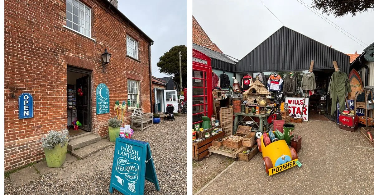 Outside of two village shops showing signs of what is inside - shop, tea room and garden. The other shop is an emporium with range of goods outside.