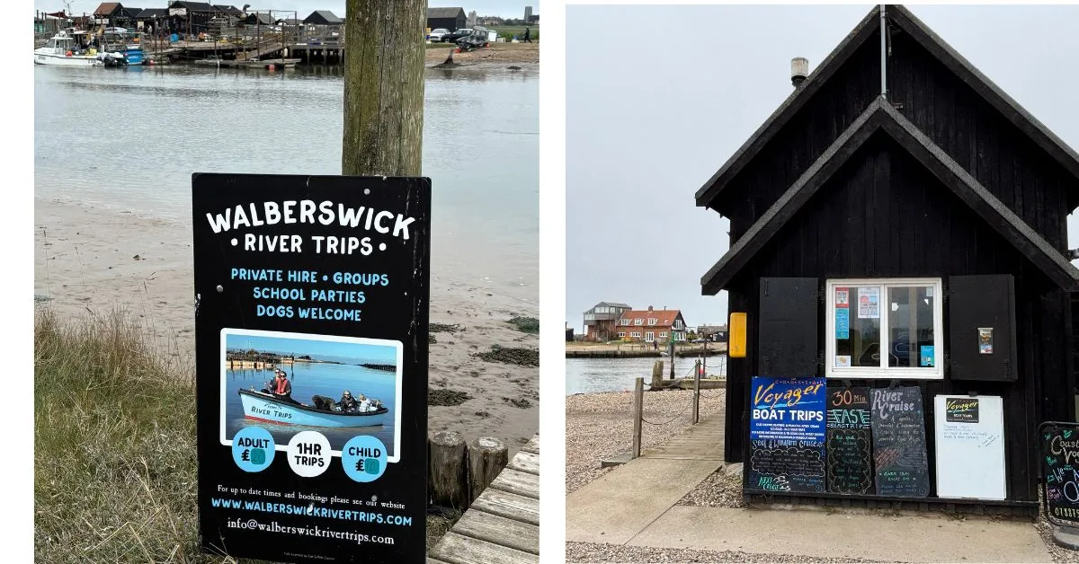 Walberswick activity Sign giving information about river trips and a brown hut with various boards outside about boat trips on offer.