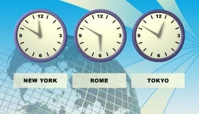 Graphic showing clocks with different time zones.