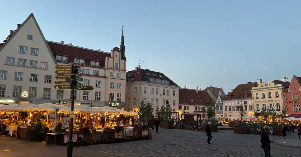 Old Town Square at night with restaurants lit up