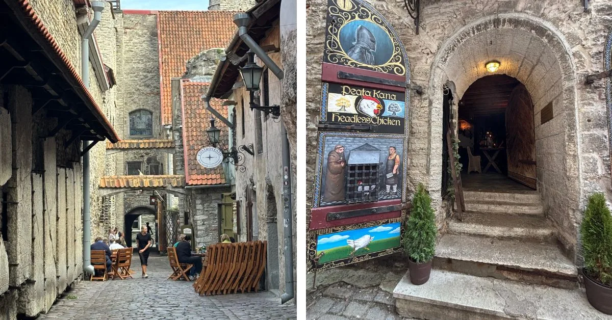 Narrow cobbled medieval street with some people sitting outside on wooden chairs and another closer image of stone arched entrance to a bar called Peata Kana
