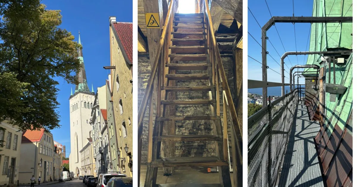 3 city views of Tallinn showing medieval church steeple, wooden stairs and a elevated viewing platform.