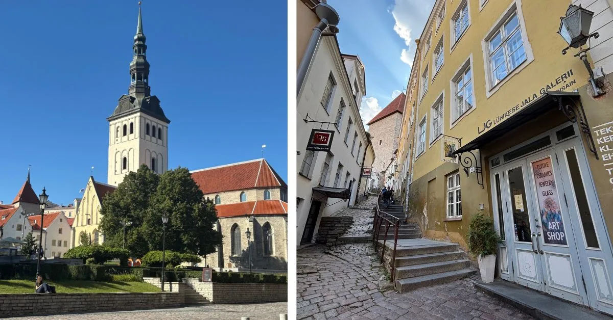 Museum church white with black steeple 2nd images shows narrow cobbled street