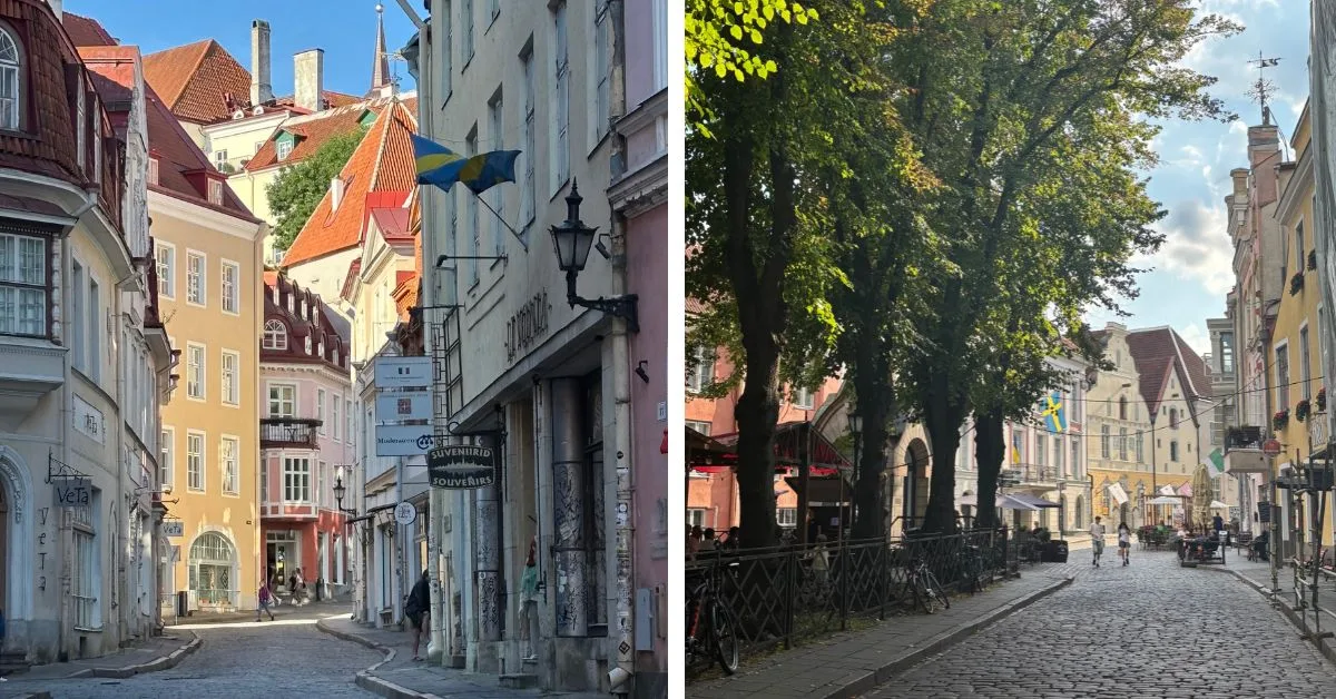 Cobbled streets of Tallinn showing colourful buildings