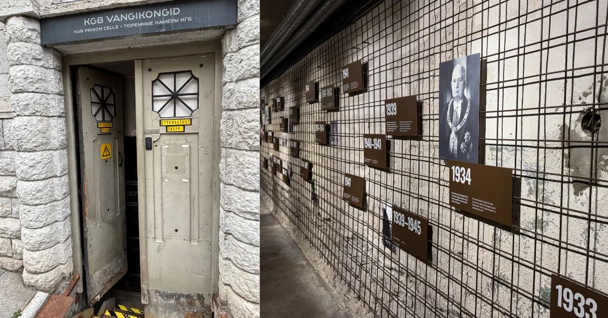 Sombre image of two door entrance with inside images showing information boards with dates and photos