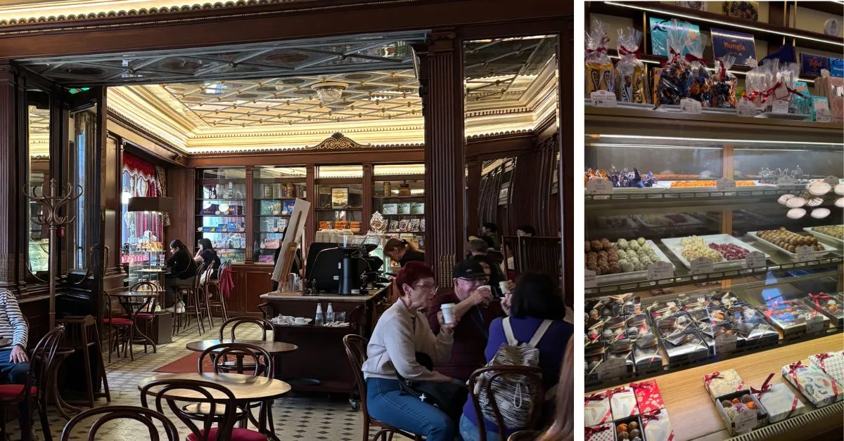 Inside the cafe with Parisian style tables for two and class cabinets selling chocolates and an ordering counter for purchasing goods