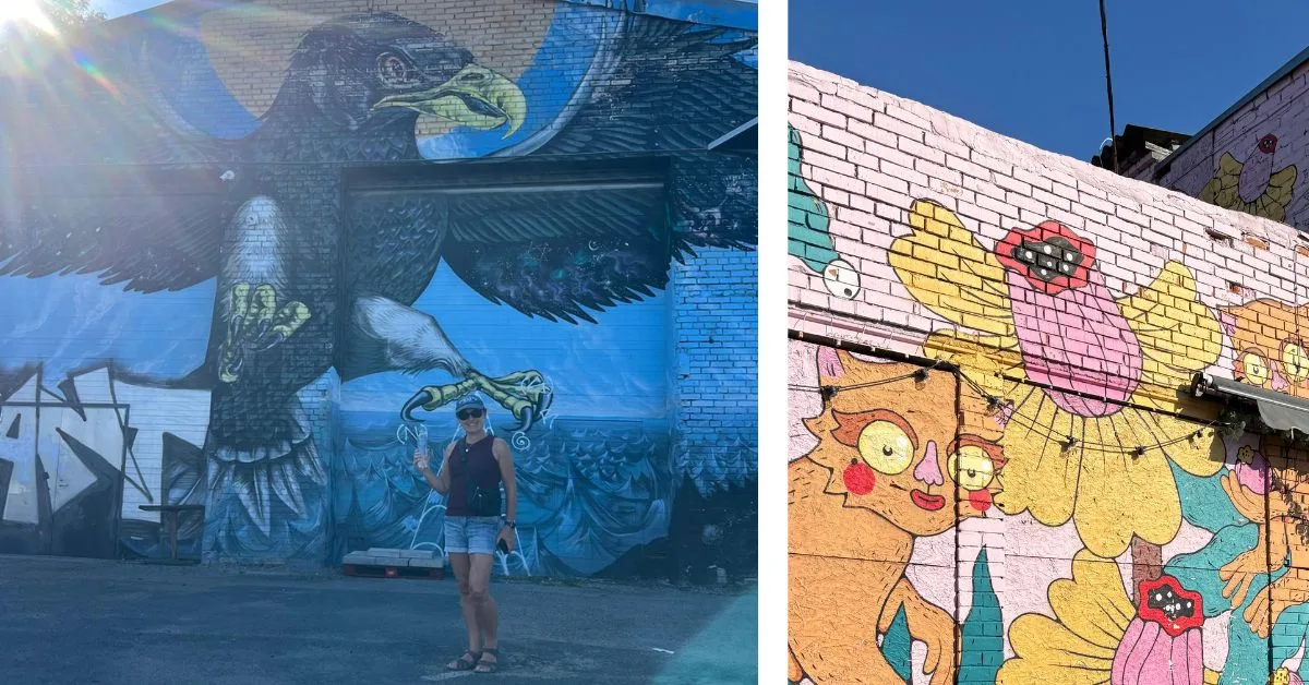 Street art images of woman standing in front of a giant bird and another images of a large orange cat and yellow and pink flowers