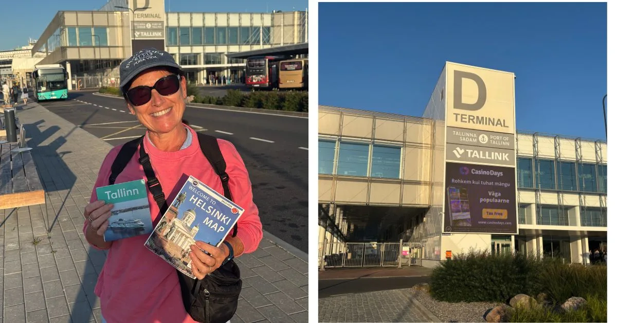 Woman standing outside ferry terminal with maps of Tallinn and Helsinki