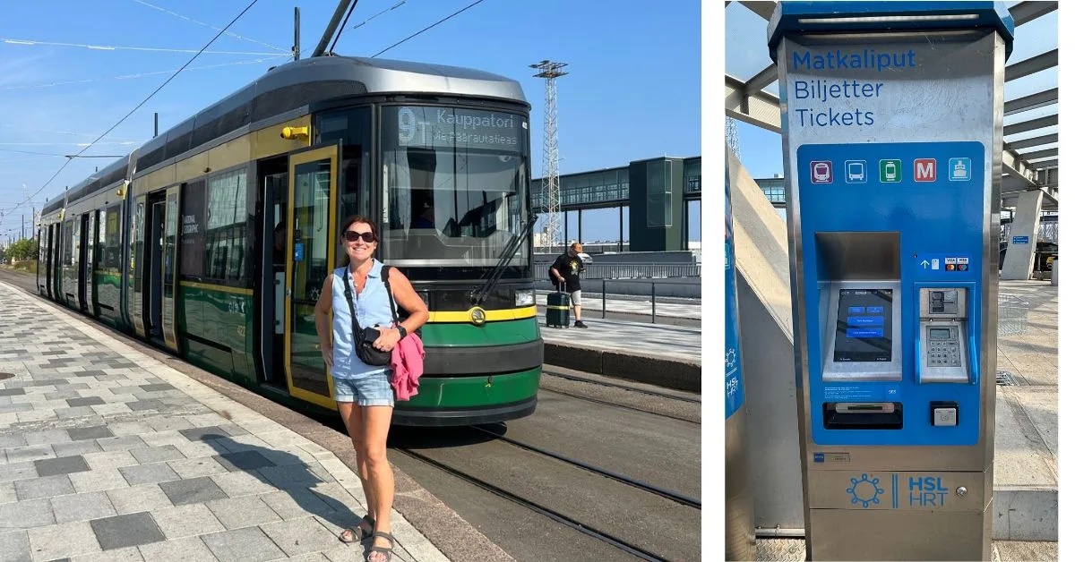 Tram with woman standing on pavement next to tram. Ticket. machine in a second image