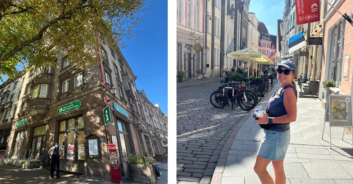 Tourist Office and woman with a map exploring the cobbled streets
