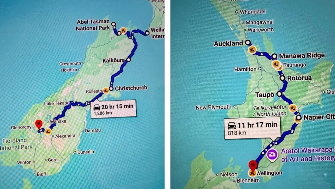 Maps showing a self-driving route in New Zealand from Auckland to Queenstown.