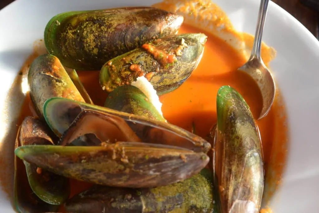 Green mussels with an orange sauce served on a white plate.