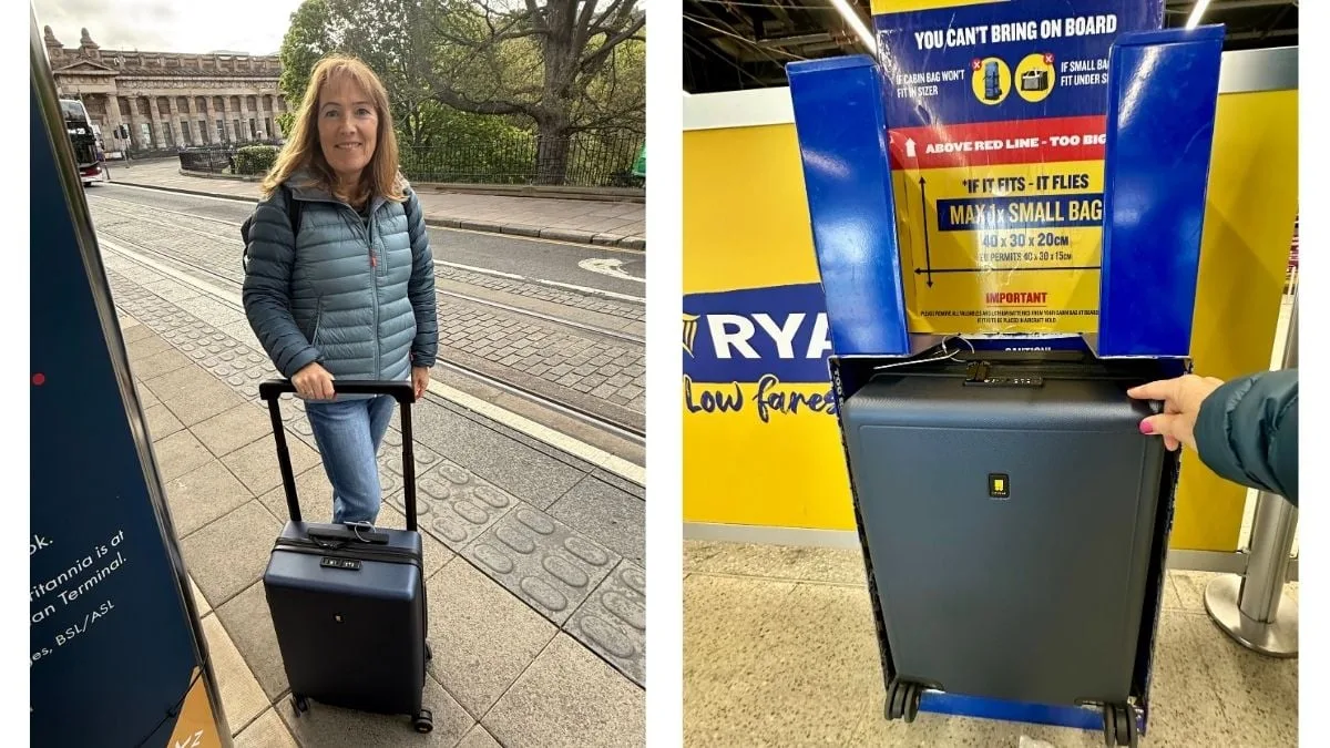 Traveller with carry-on suitcase at airport check-in