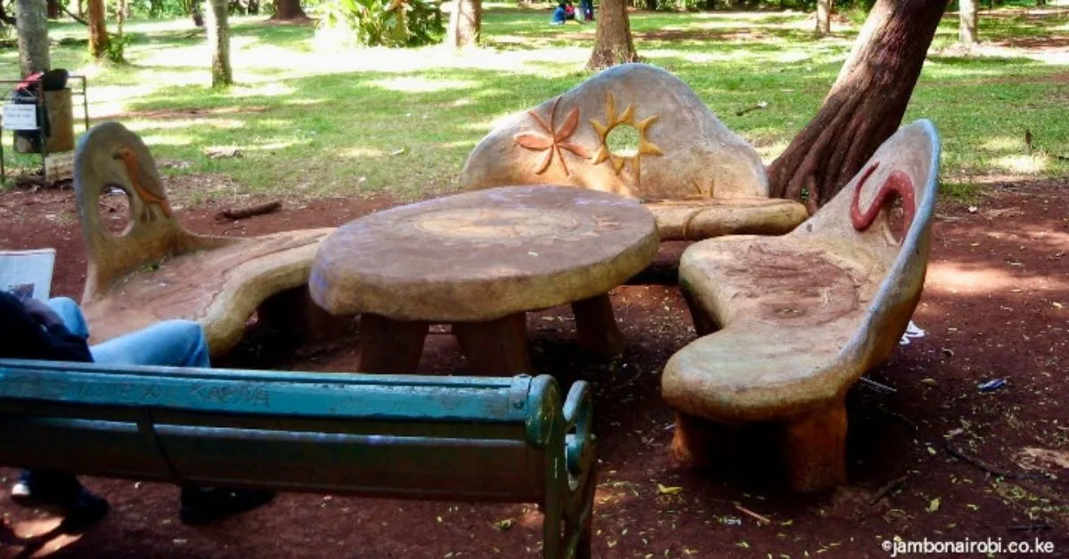 Wood seating and a park bench in a park surrounded by grass and trees.
