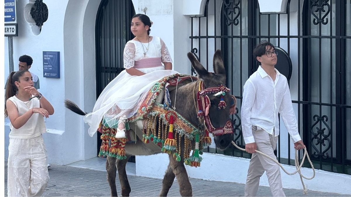 Young girl in traditional dress riding a donkey through the cobbled streets of Vejer de la Frontera on her way to church