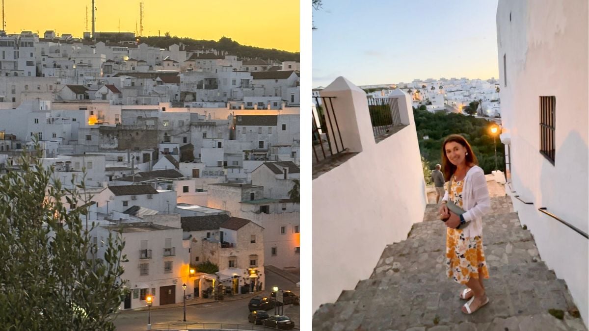 Night time stroll through the whitewashed village of Vejer de la Frontera with warmly lit streets