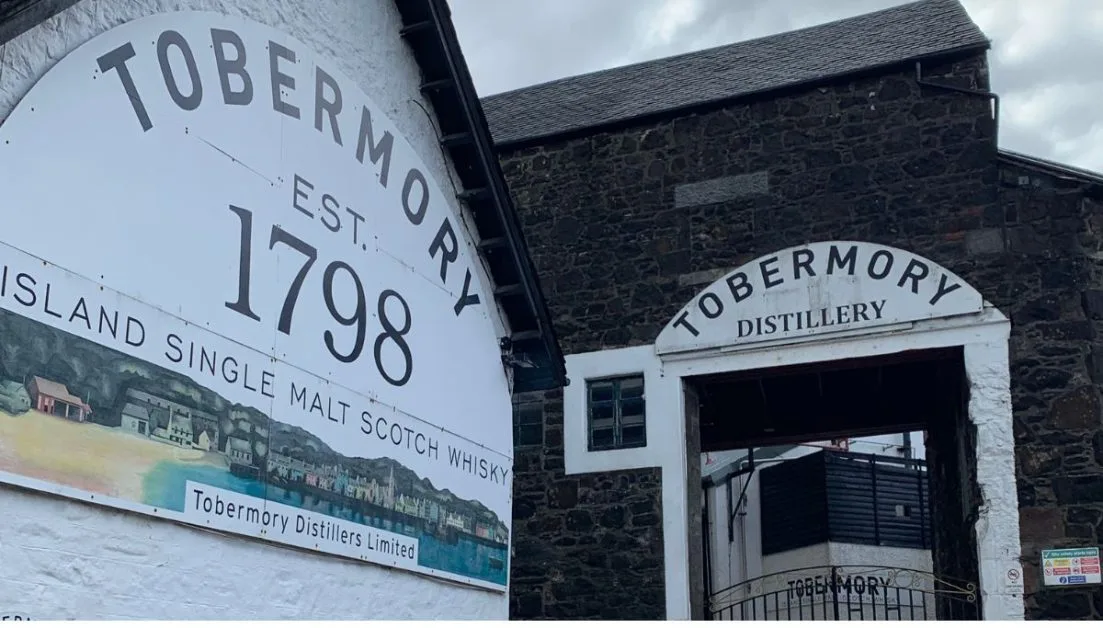 External building of Tobermory Distillery, a top thing to visit when on Mull Iona and Staff islands of Scotland