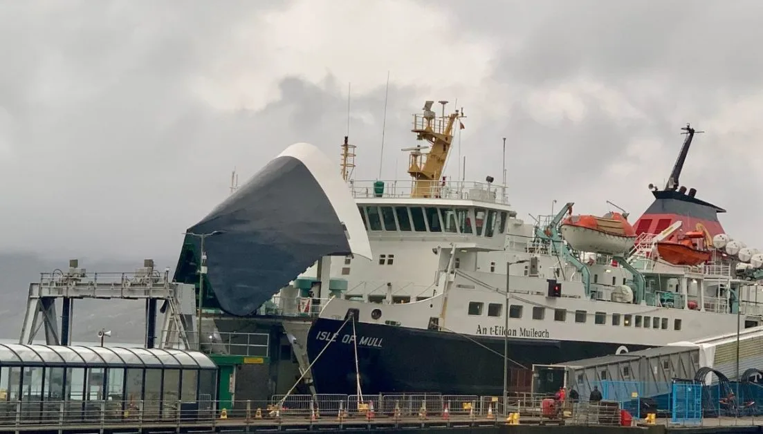A Scottish islands Ferry has its front section up as it gets ready to head to the Isle of Mull from Oban.