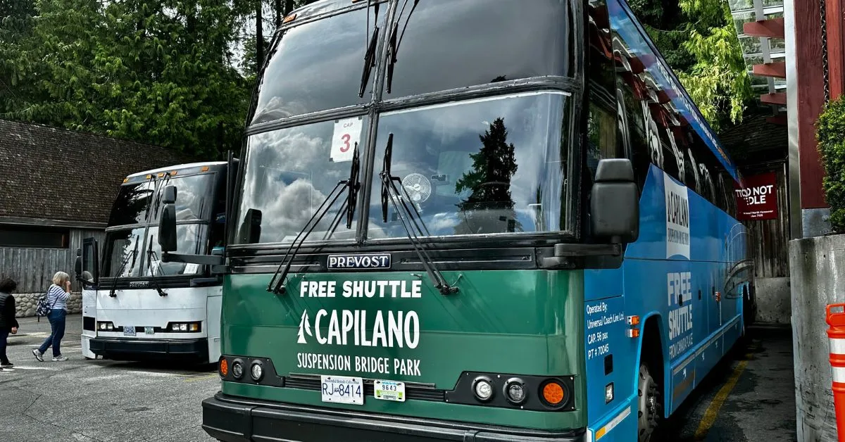 A parked passenger shuttle bus for tourists.