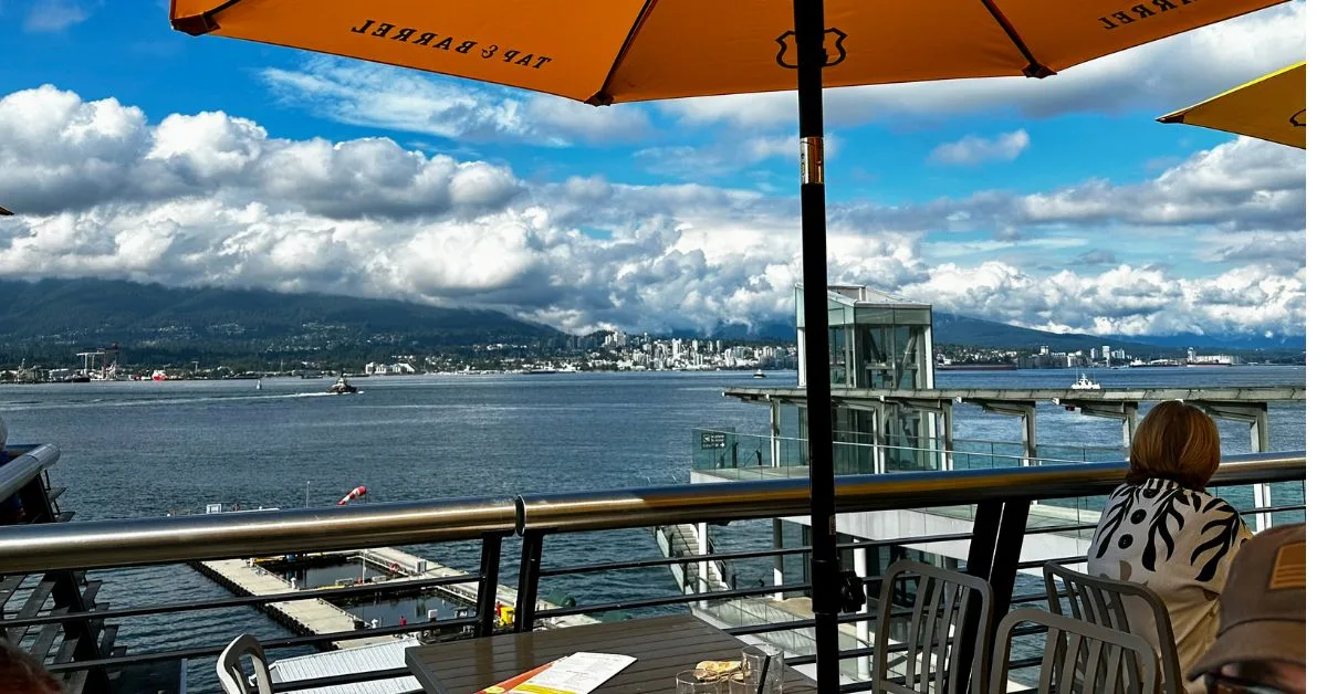 Outdoor terraced restaurant with views to North Shore Vancouver.