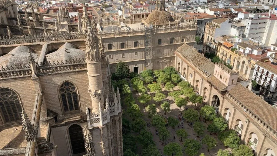 Stone cathedral with roof domes and turrets in Seville.