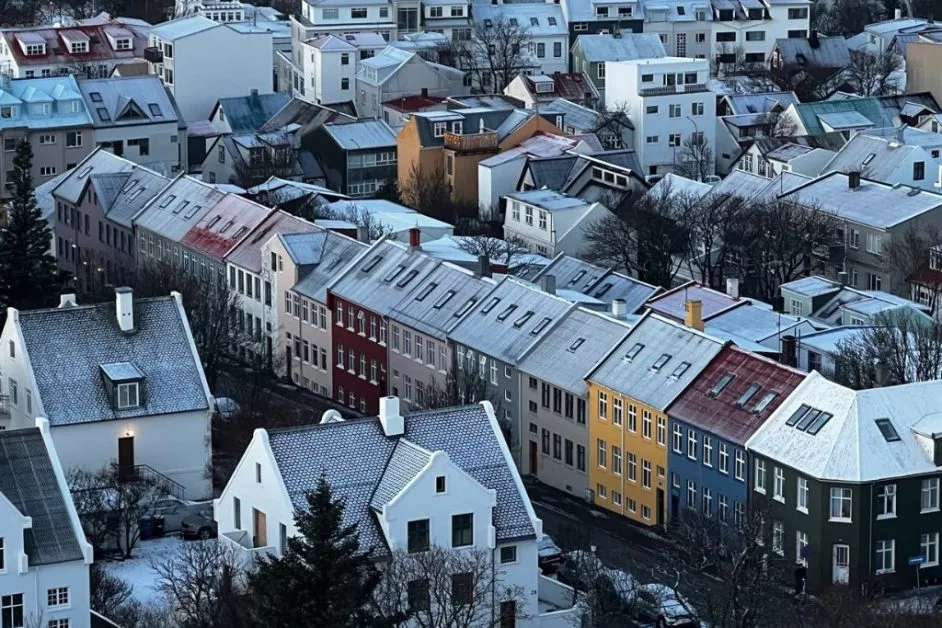 Downtown Reykjavik Iceland. Tin roof homes with a dusting of snow.