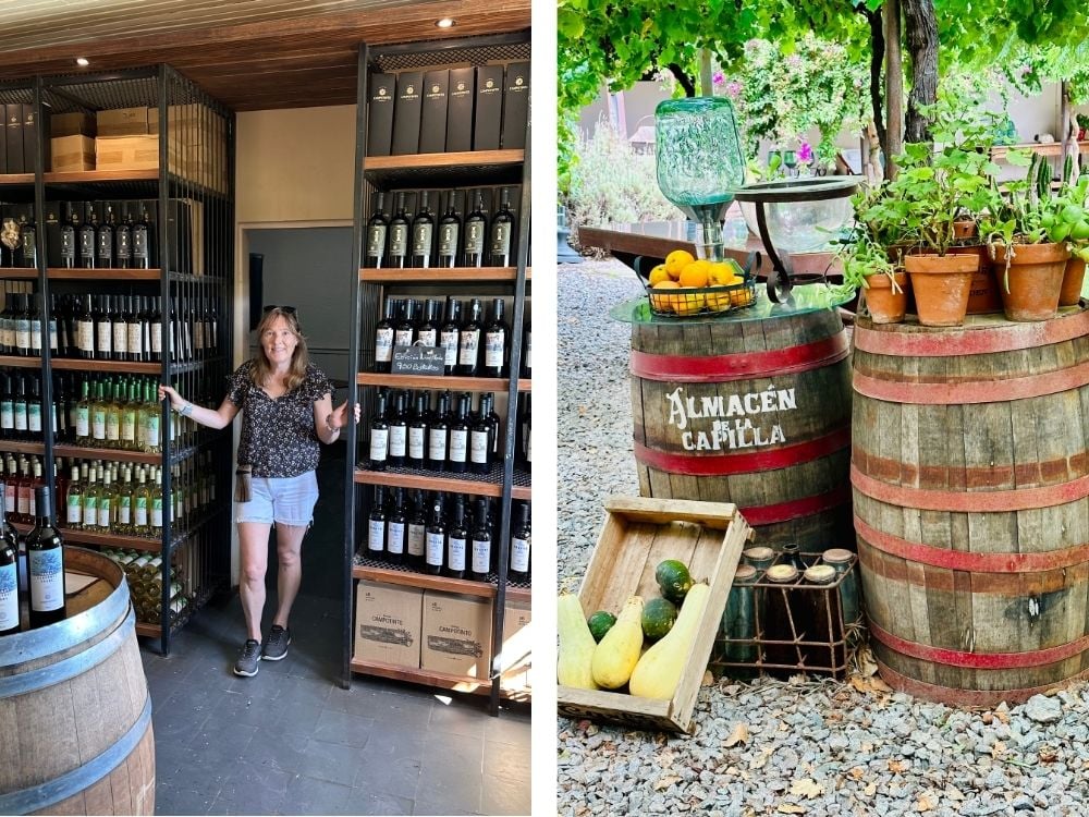 Racks of wine and outdoor winery display in Uruguay.