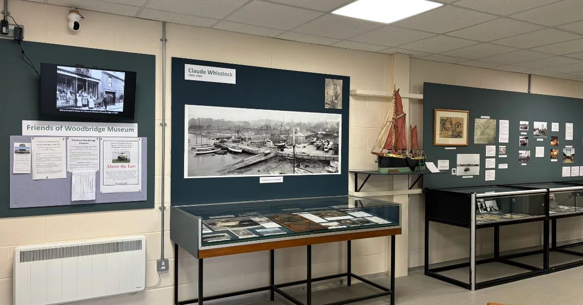 Display cases and information boards sharing facts and stories from Woodbridge history.