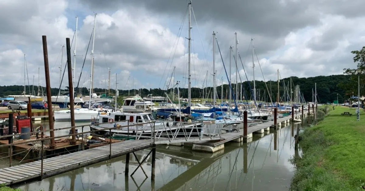 Boats are moored along the River Deben in Woodbridge Suffolk.