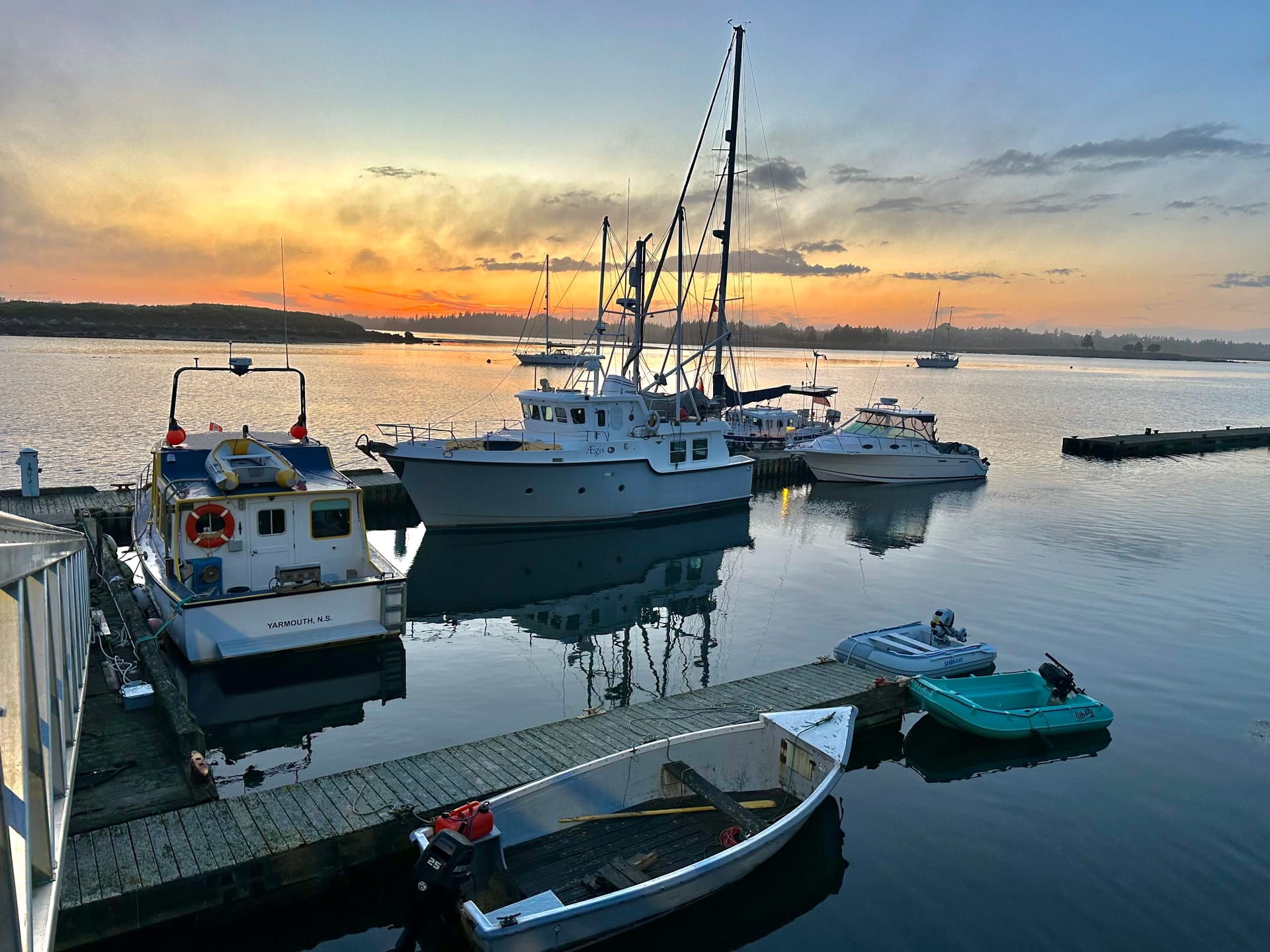 Sunset over Yarmouth Harbour with boats, Nova Scotia