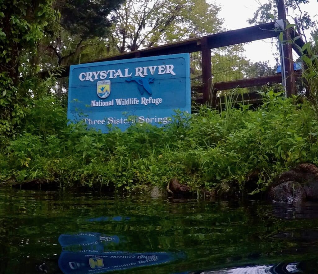 Sign indicating Three Sisters Spring at Crystal River Florida.