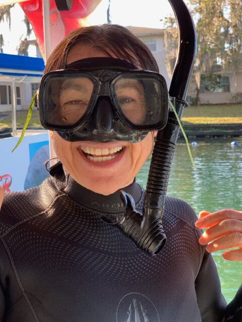 Women in snorkel gear and wet suit in Crystal River going swimming with manatees.