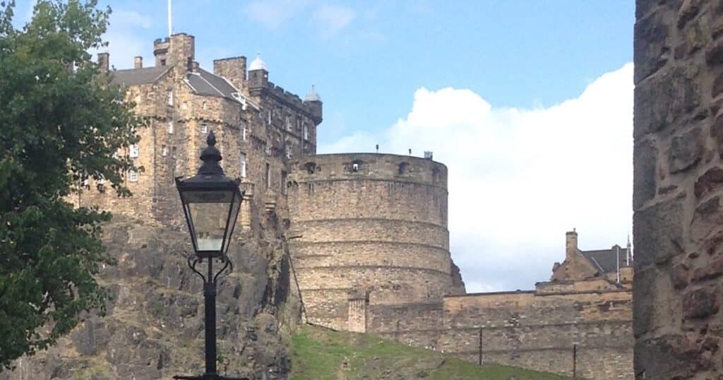 A view of Edinburgh castle from a set of steps named after Miss Jean Brodie.