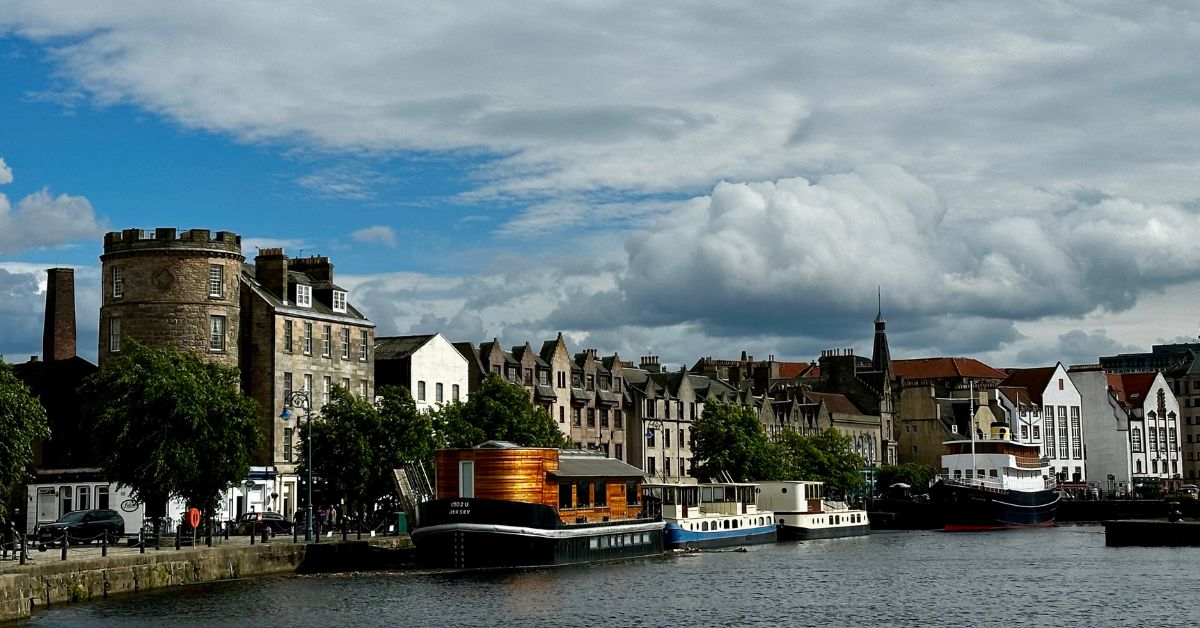 Boats moored at Leith Waterfront, near Edinburgh.