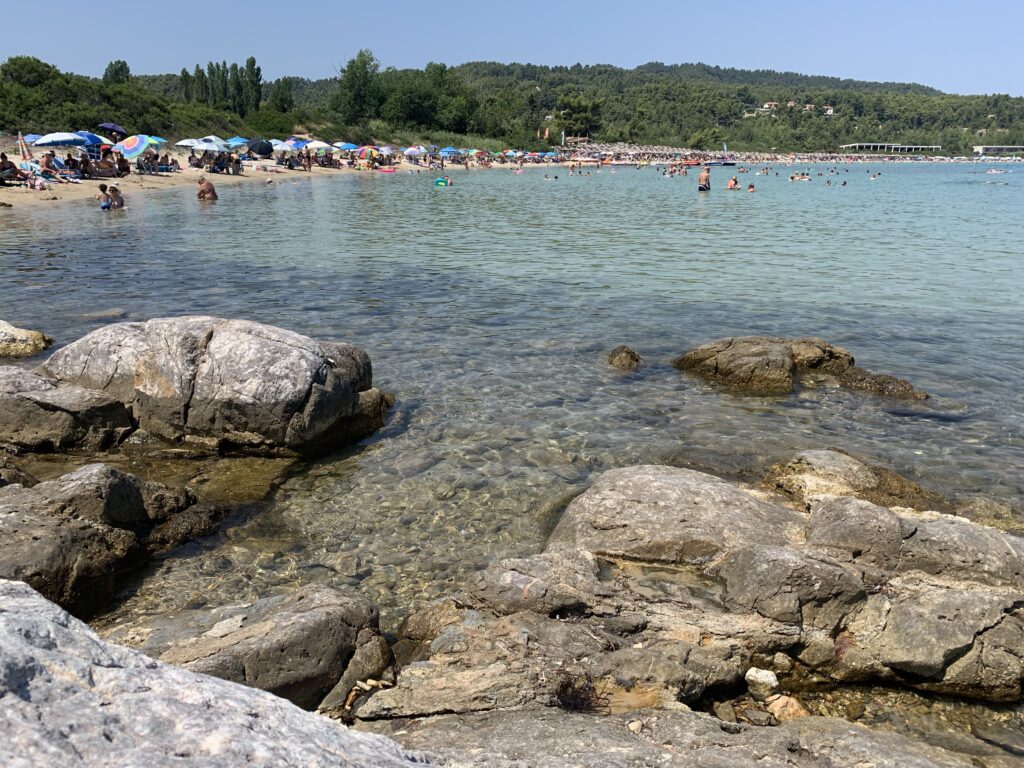 A rocky beach area in Halkidiki Greece with trees fringing the beach as it sweeps around a cove.