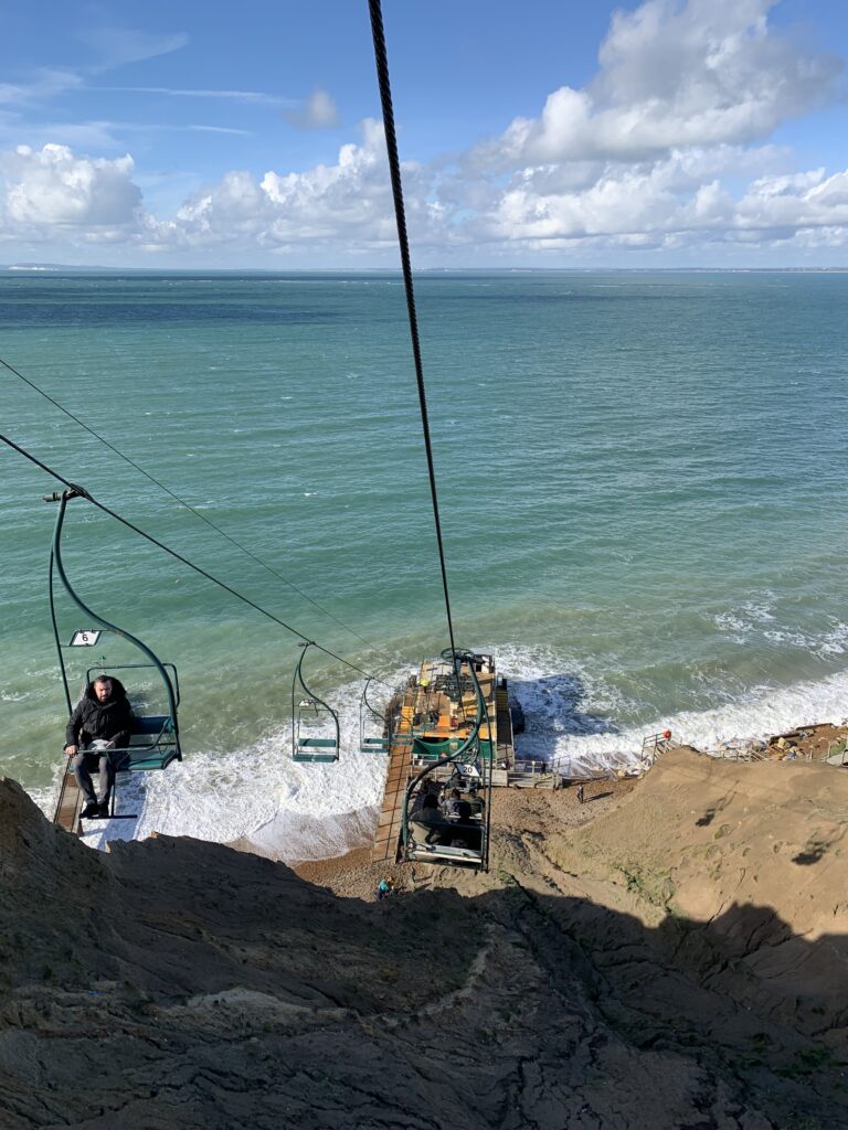Cable car with views over the English Channel from the chairs.