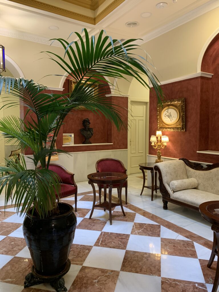 Diagonal floor tiles (brown and white) and a large palm in a pot welcome you to the reception of a hotel in Seville Spain.