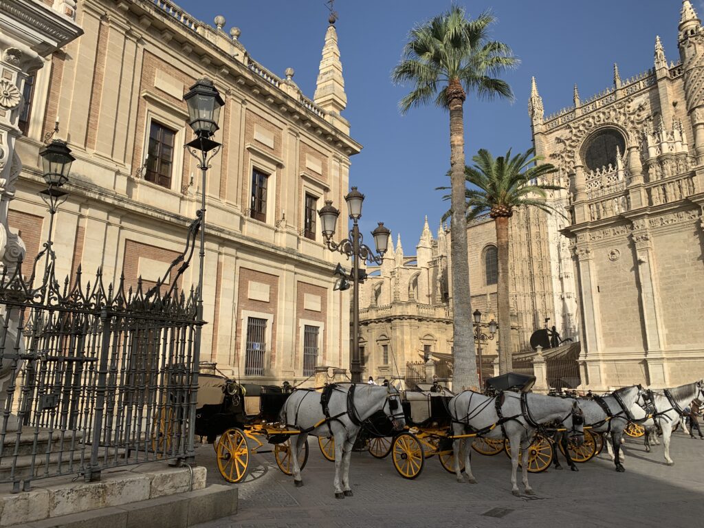A square in Seville with classic Spanish architecture of light stone, balconies and below horse and carriage await tourist passengers.